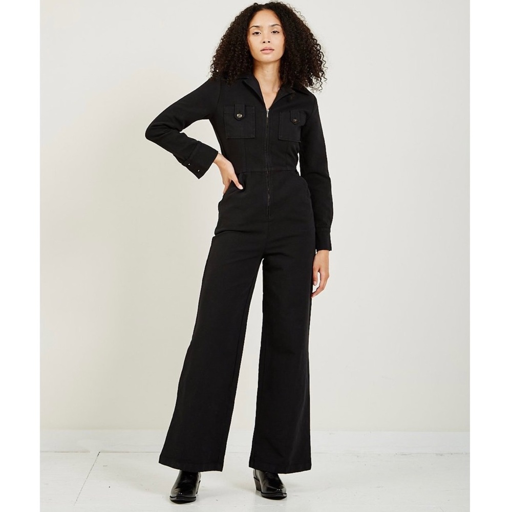 Paloma Wool Dolores Jumpsuit Black Cotton Straight Leg Long Sleeve Front Zip 38